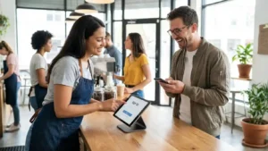 Customer signing up for 7 Brew Rewards at store counter with barista assistance
