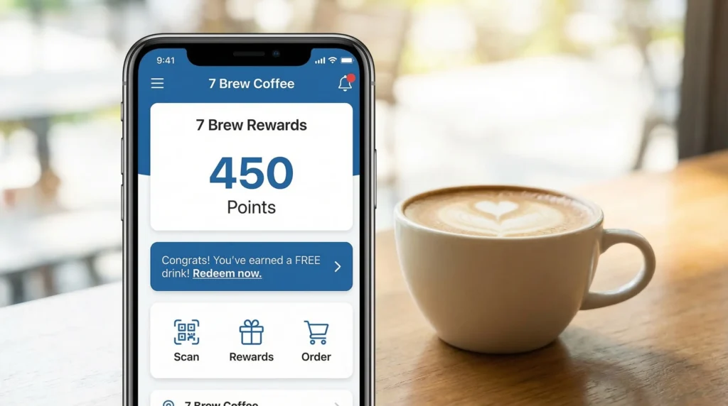 7 Brew Rewards mobile app showing point balance and free drink rewards